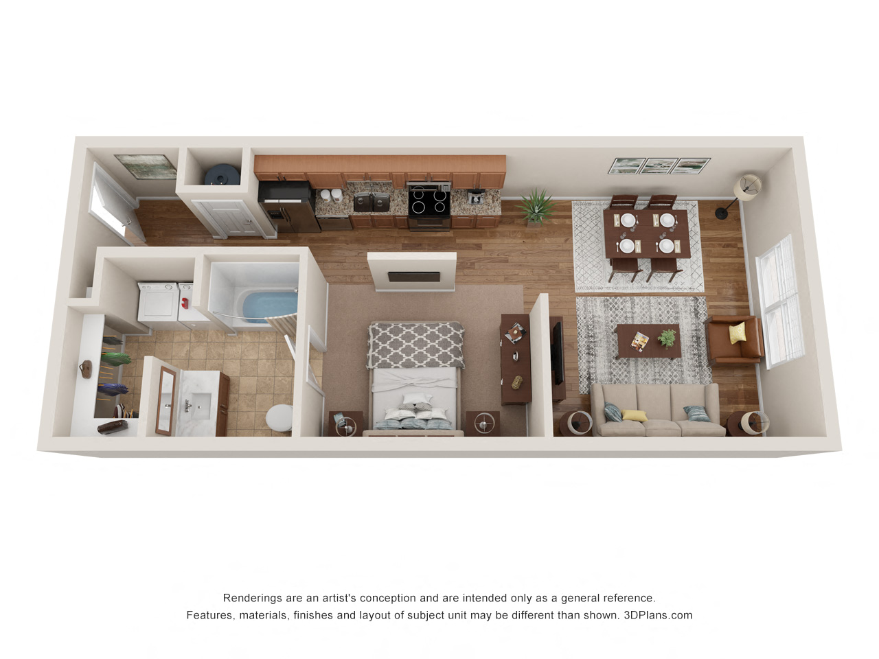 Floor plan for studio, 1 bath, 621 sqft